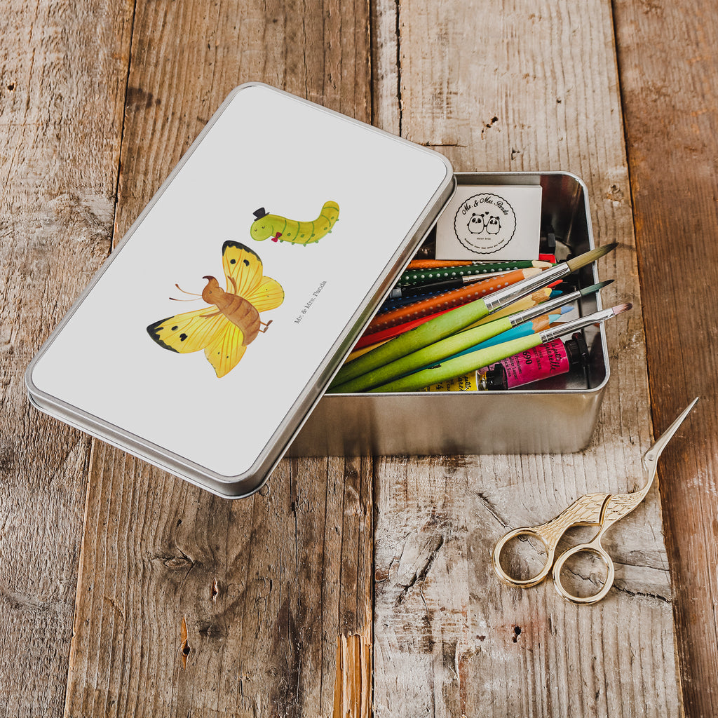 Metalldose rechteckig Raupe & Schmetterling Raupe, Schmetterling, Zitronenfalter, Entwicklung, Erwachsen werden, Kokon, Hut, Hütchen, Schönheit, Aufwachsen, Blechdose, Metalldose, Blechbox, Container, Keksdose, Vorratsdose, Vorratsbox, Döschen, Versperbox, Vesperdose, Aufbewahrungsdose, Aufbewahrungsbox, Aluminiumdose, Dose  süße Tiermotive, gute Laune, lustige Sprüche, Tiere