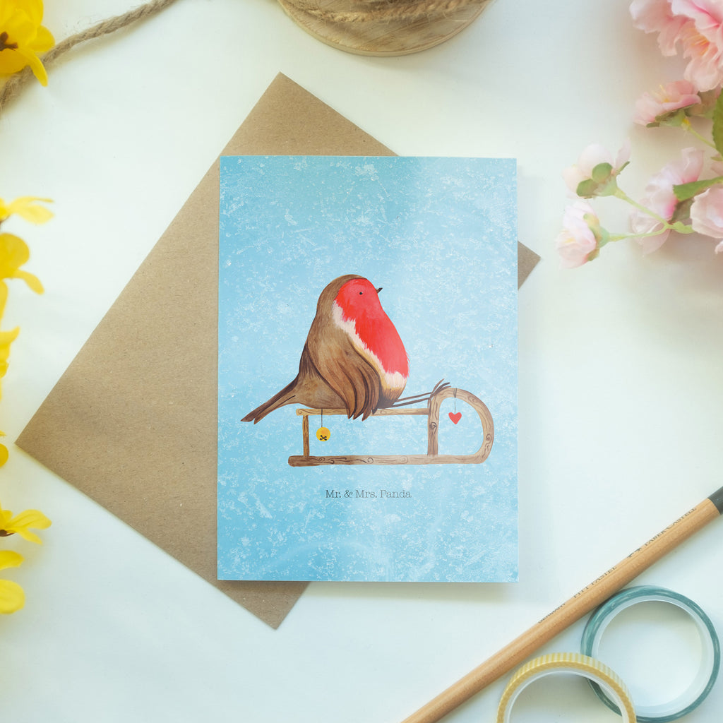 Grußkarte Rotkehlchen Schlitten